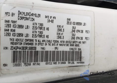 2003 Dodge Grand Caravan Sport from USA, damaged, VIN 2D4GP44383R168939